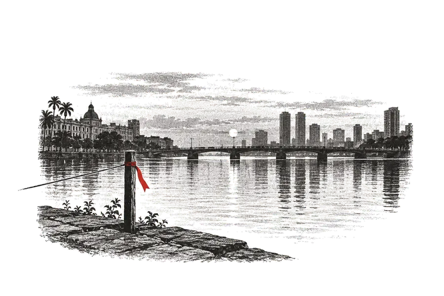 Recife seen from the middle of the river, the bridge and the horizon in the background; a surveyor's stake on the quay, with a red ribbon.