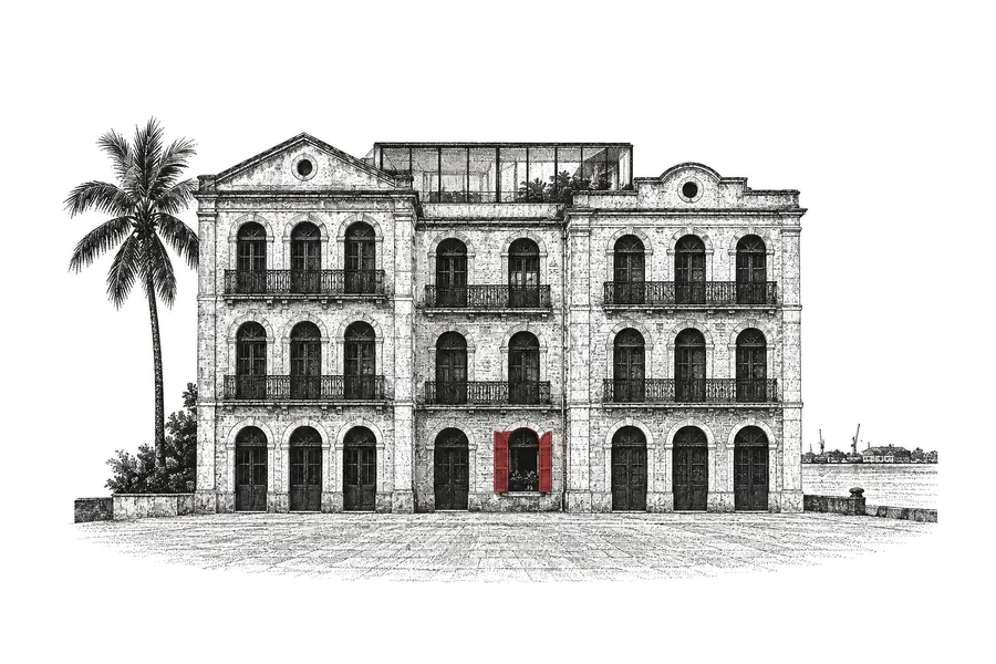 Two former warehouses on the Cais do Apolo, Bairro do Recife, joined by a discreet glass roof over the rooftop; one open shutter, red.