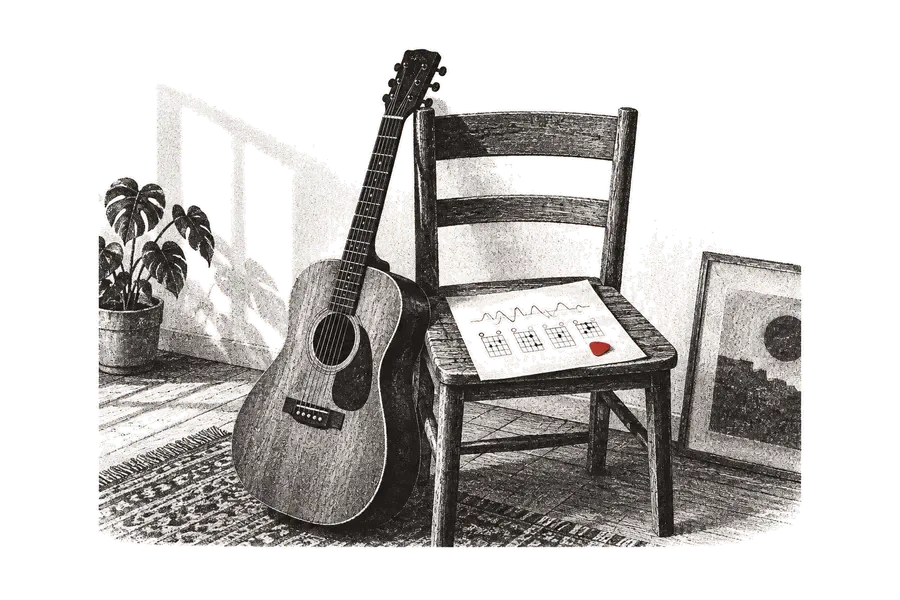 A guitar leaning against a chair, a sheet with chord diagrams on the seat; a red pick on the sheet.