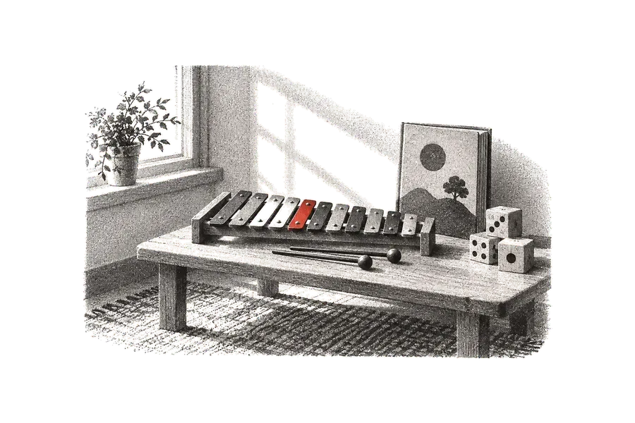 A small glockenspiel on a low table, beside a closed children's book and wooden blocks; one bar of the instrument is red.