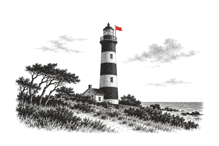 Striped lighthouse on a low dune, a garden of shrubs; a red pennant next to the lantern.