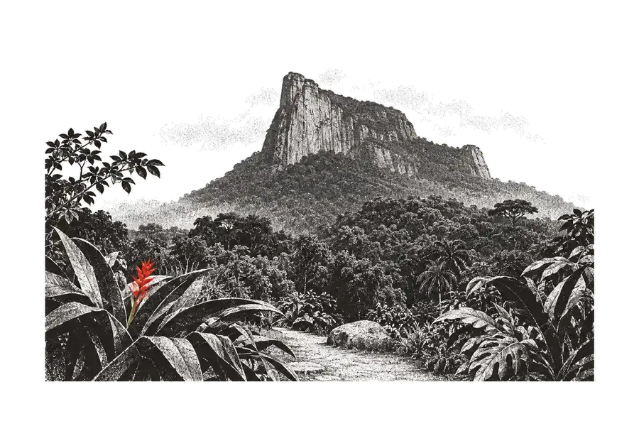 A granite crag rising over the Atlantic forest, in the spirit of Pedra da Gávea; a red heliconia flower in the foreground.