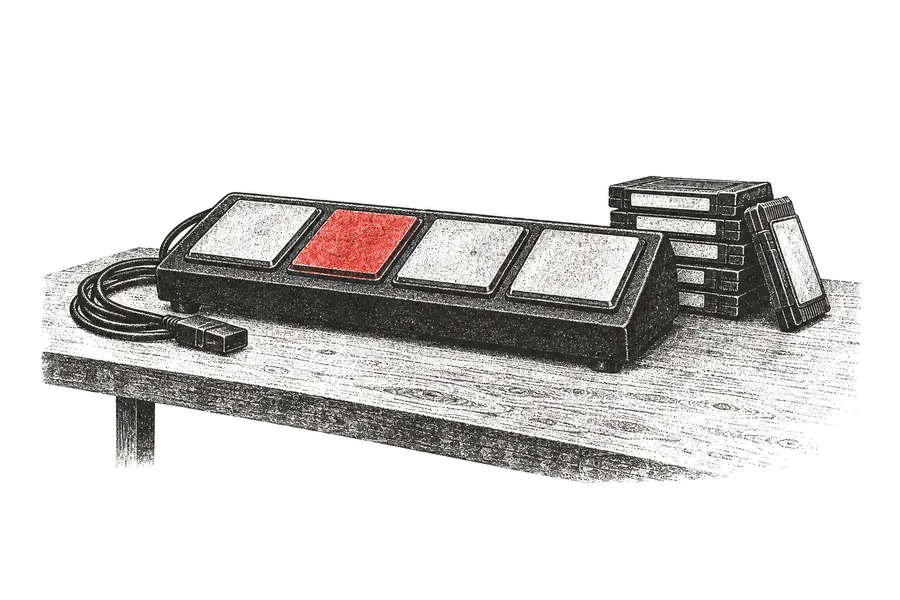 A game controller with four percussion pads on a table, cartridges stacked beside it; one pad is red.