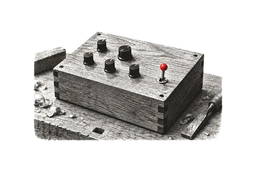 An instrument case built of wood, with buttons and a lever on the workbench; the tip of the lever is red.