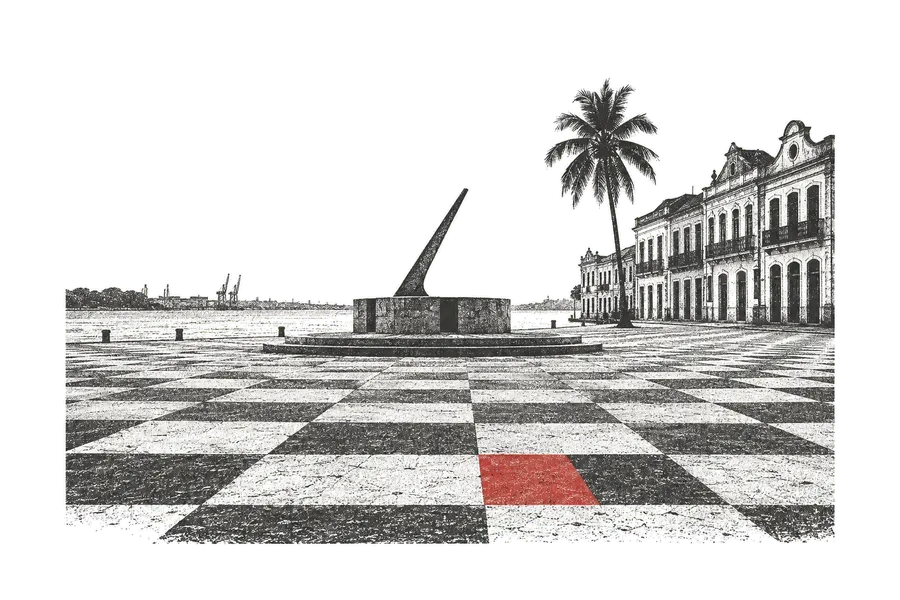 Marco Zero of Bairro do Recife, a chessboard-pattern floor leading to the sundial obelisk, warehouses and a coconut palm in the background; one tile of the board, red.