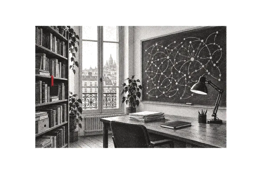 A blackboard with a diagram of agents as nodes and arrows, a study desk and a bookshelf, a Parisian window in the background; a marker ribbon between the books, red.