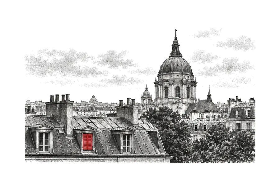 The Sorbonne dome above the zinc rooftops of Paris; an attic window with red shutters.