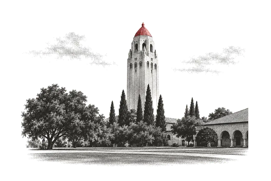 Stanford's Hoover Tower among cypress trees, seen from the lawn; the pyramidal roof at the top, in red.