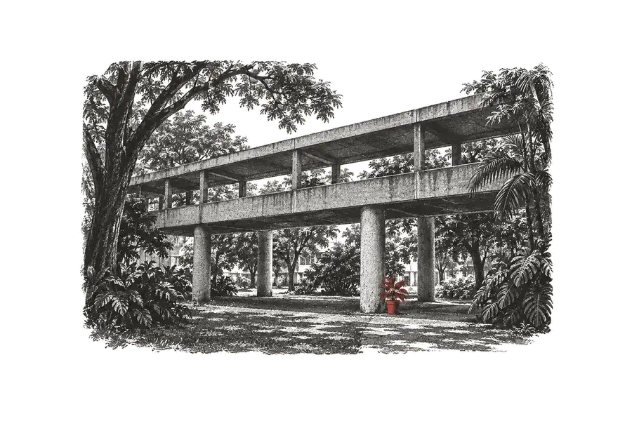 The campus's elevated walkway, a concrete structure among trees; a red plant pot at the foot of a pillar.