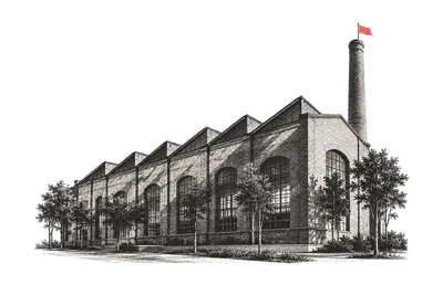 A antiga fábrica de tecidos em Porto Alegre, hoje hub de inovação: galpão de tijolo com telhado em dente de serra e chaminé; uma bandeirola vermelha no alto da chaminé.