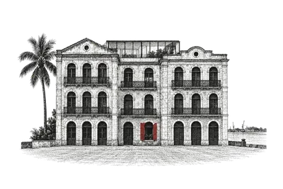 Dois antigos armazéns do Cais do Apolo, Bairro do Recife, unidos por uma cobertura de vidro discreta sobre o telhado; uma veneziana aberta, vermelha.