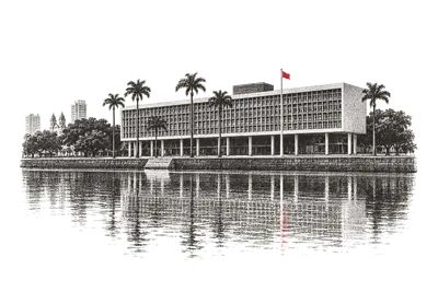 Um plenário vazio, mesa em ferradura e cadeiras, a janela ao fundo com o Recife e o rio; um cartão vermelho dobrado na cabeceira.