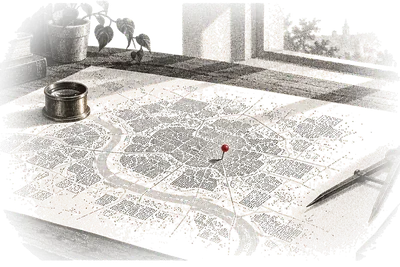 Uma prancheta com um mapa de cidade feito de milhares de pontos, lupa, compasso e régua; um alfinete vermelho num bairro do mapa.