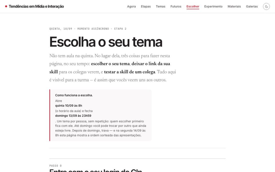 Página de escolha de tema e rodada cruzada