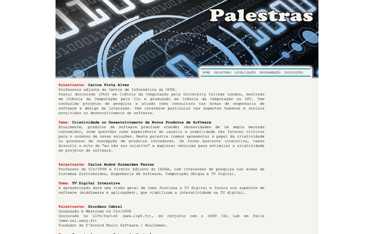 Página de palestras da SATI, no CIn-UFPE, com a apresentação sobre computação para a interação musical (2009)
