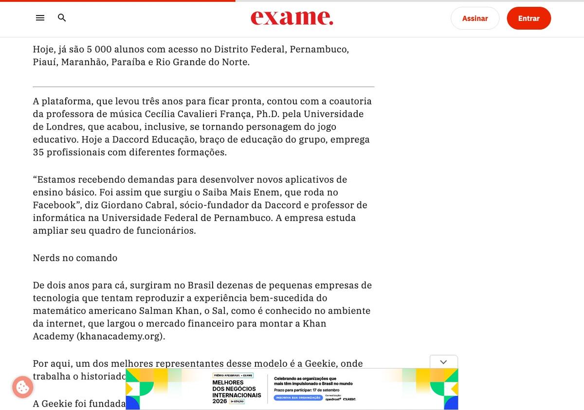 Matéria da Exame de abril de 2013 sobre o mercado de educação online, com a Daccord e o Turma do Som