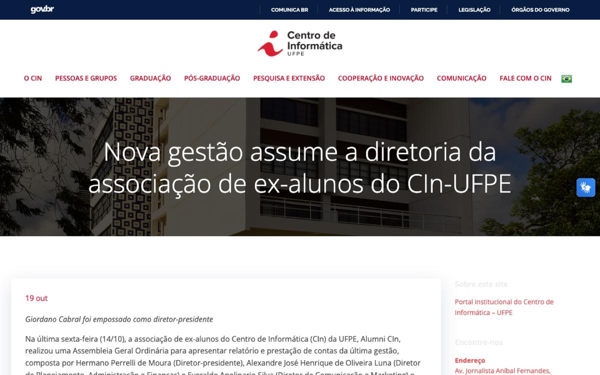 Notícia da posse da nova diretoria do Alumni CIn, em outubro de 2022
