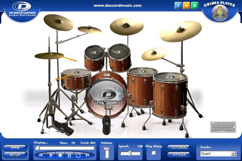 Tela do Drums Player: bateria virtual e, abaixo, os controles de execução, andamento e volume (captura de 2007)