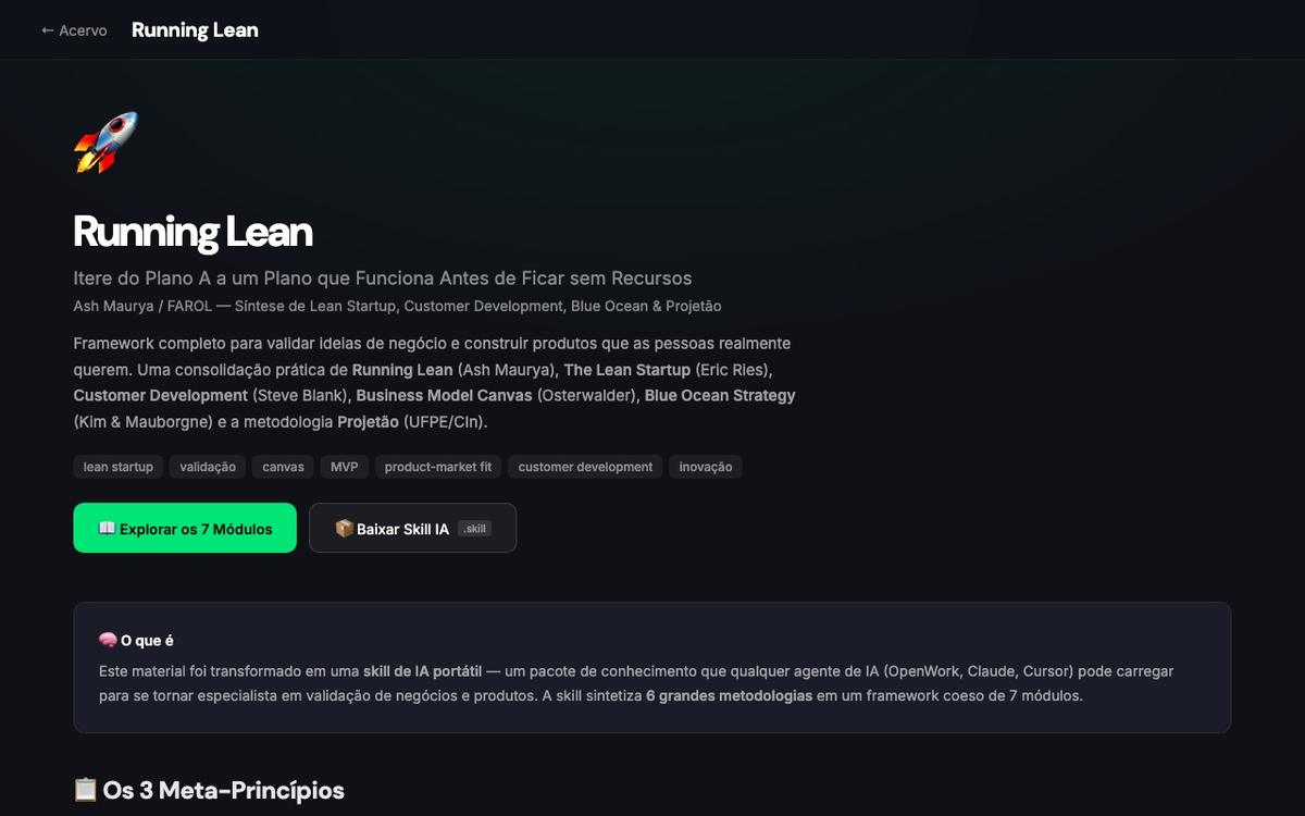 Módulo Running Lean, com a skill autônoma para baixar