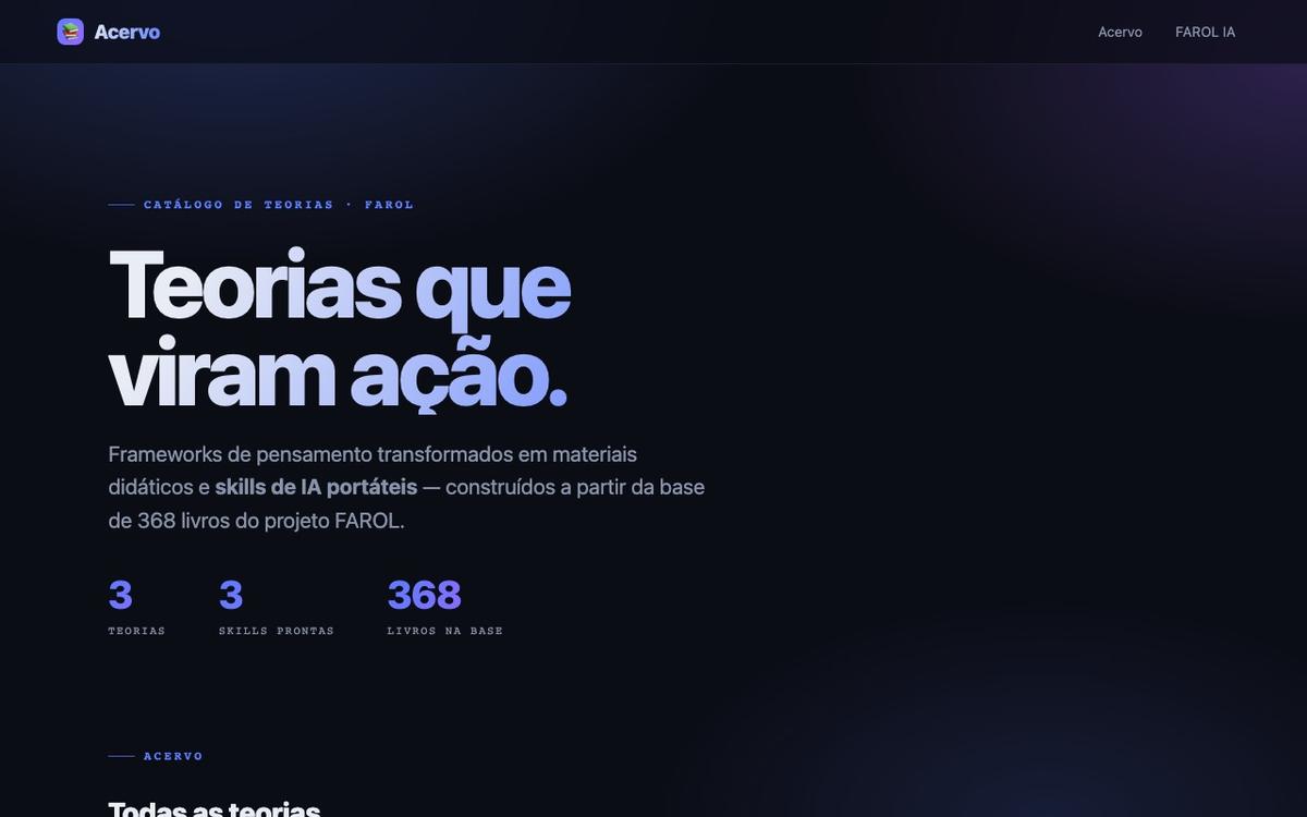 Acervo de Teorias: 3 teorias, 3 skills, 368 livros na base