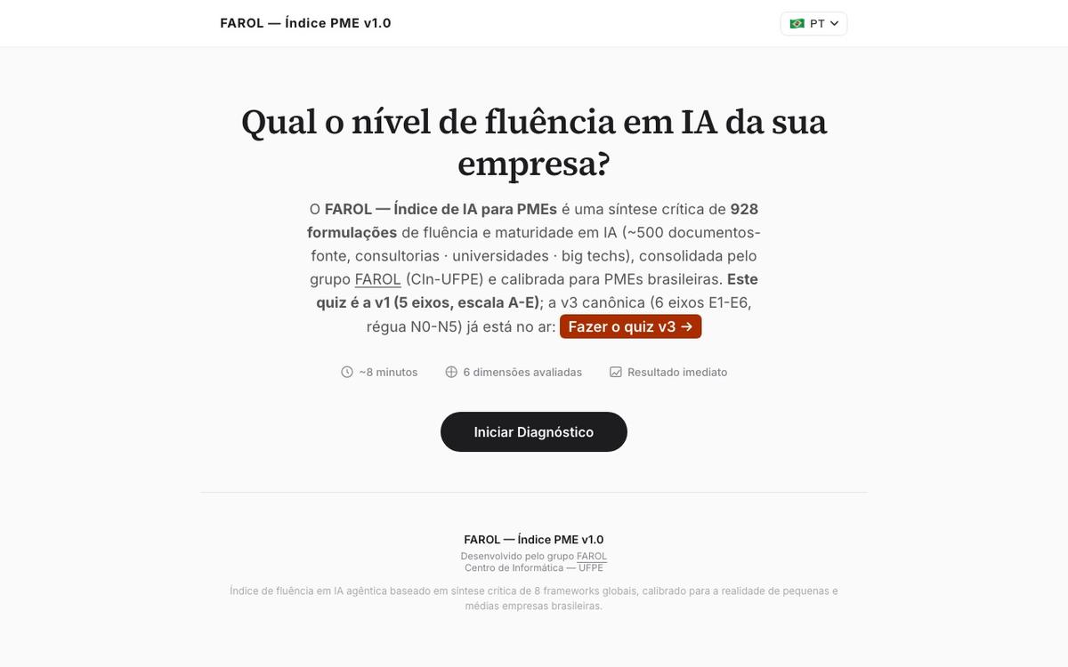 Índice de IA para empresas, versão 1.0, primeira tela