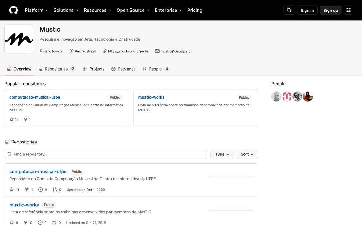 Organização MusTIC no GitHub, com os dois repositórios públicos