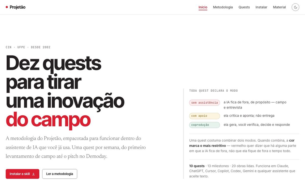 O Projetão empacotado como dez quests para usar com IA